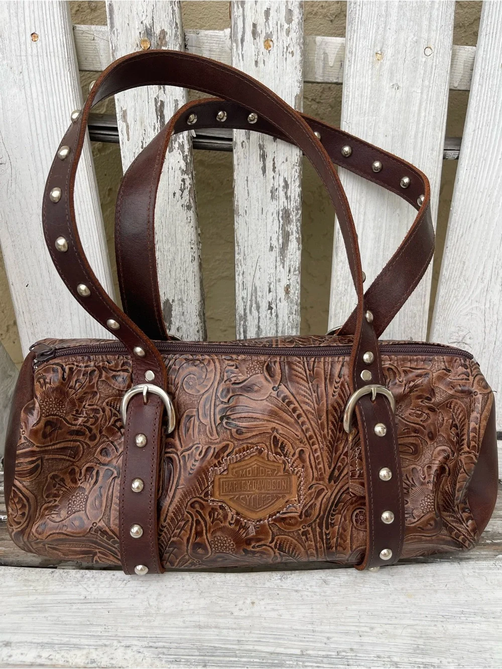 Harley-Davidson Brown Tooled Leather Barrel Satchel Shoulder Bag
